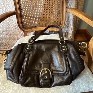 COACH - Dark Brown Leather Buckle Pocket Satchel Carryall Shoulder Bag